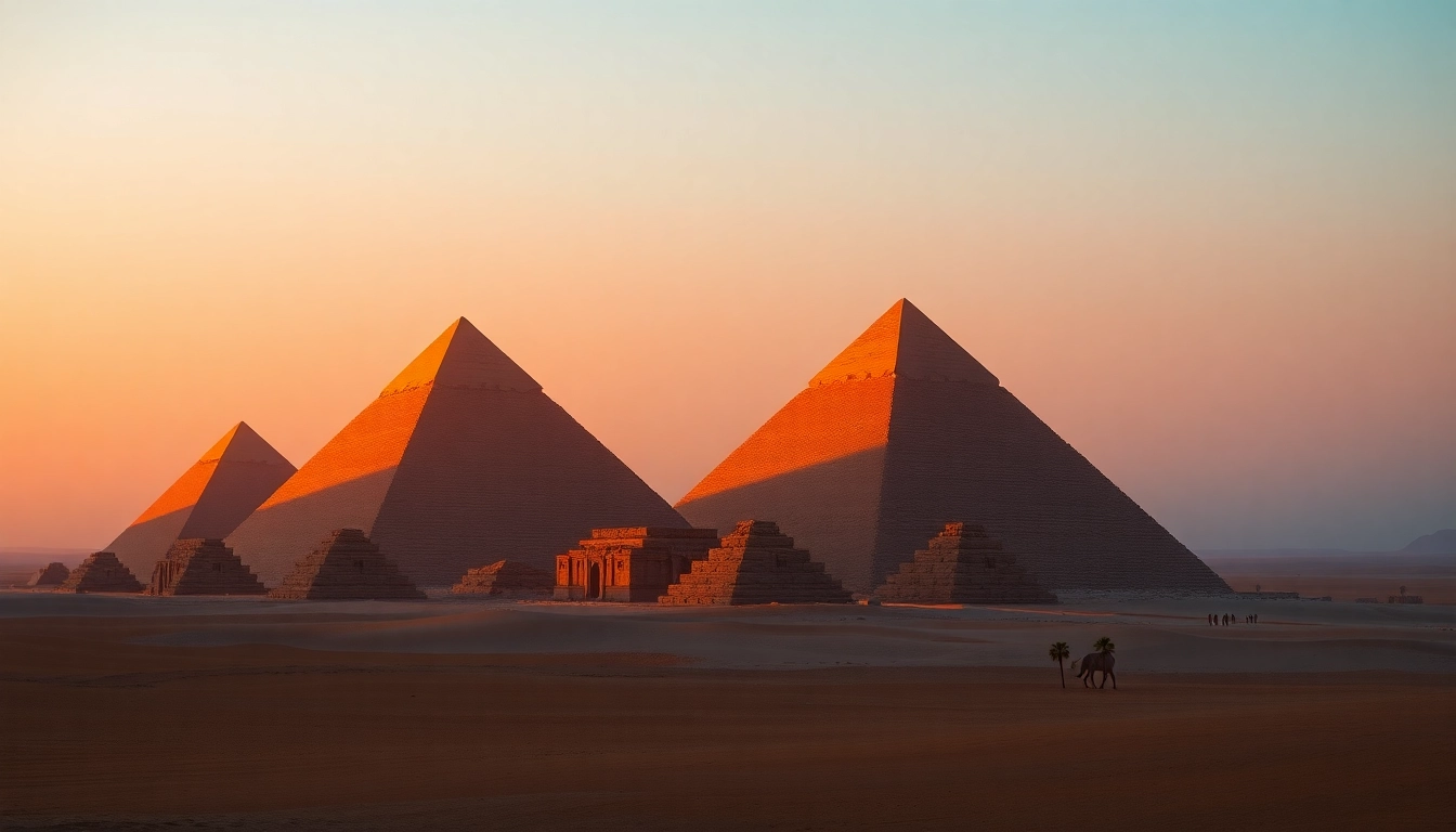 Explore the magnificent pyramids, showcasing their grandeur against a stunning sunset.