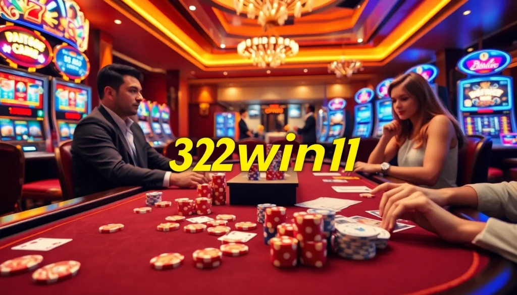Experience the thrill of online gambling at 32win11, with vibrant poker chips and digital tables.