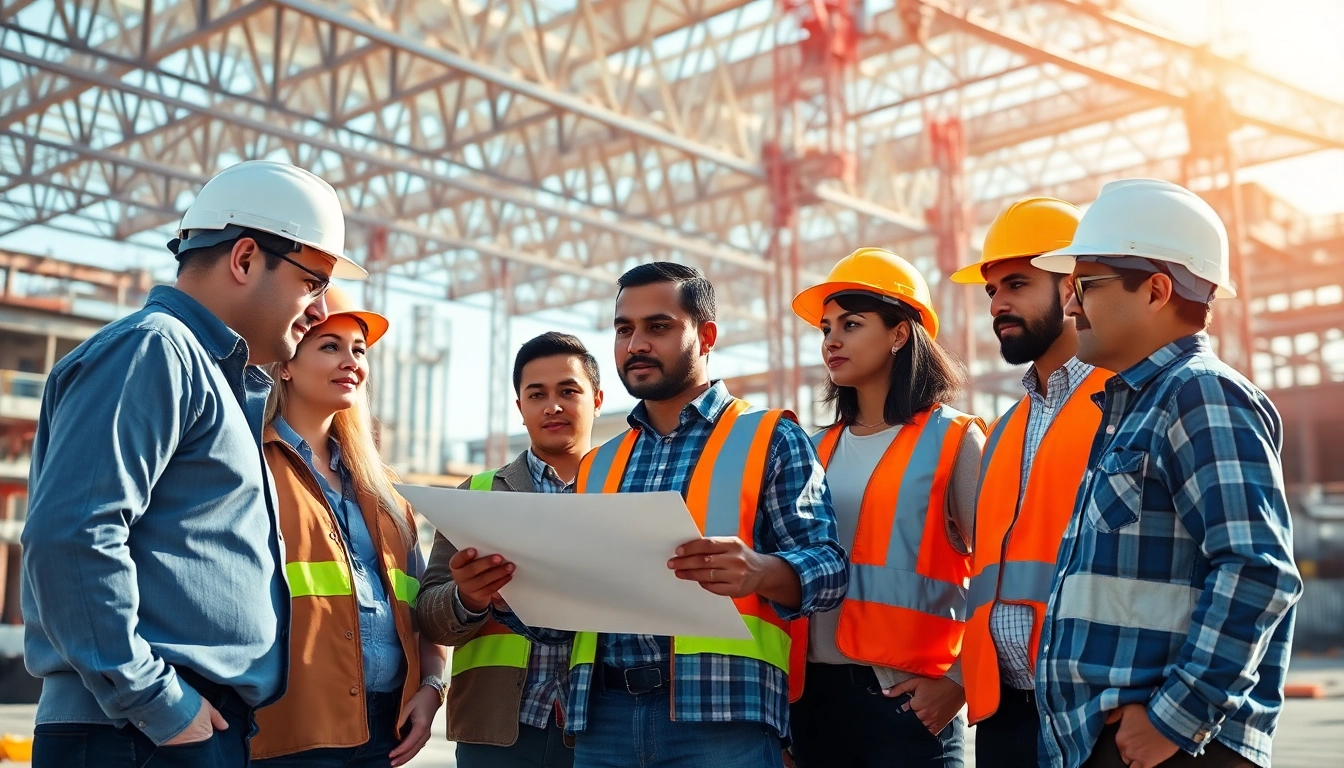 Careers in construction showcased by construction workers collaborating on-site with blueprints.