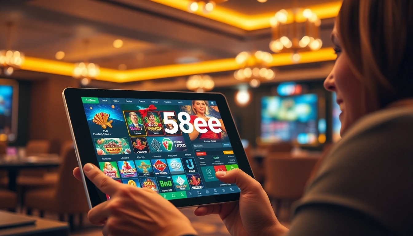 Explore the exciting online gaming experience with 58ee, featuring colorful slots and poker tables.