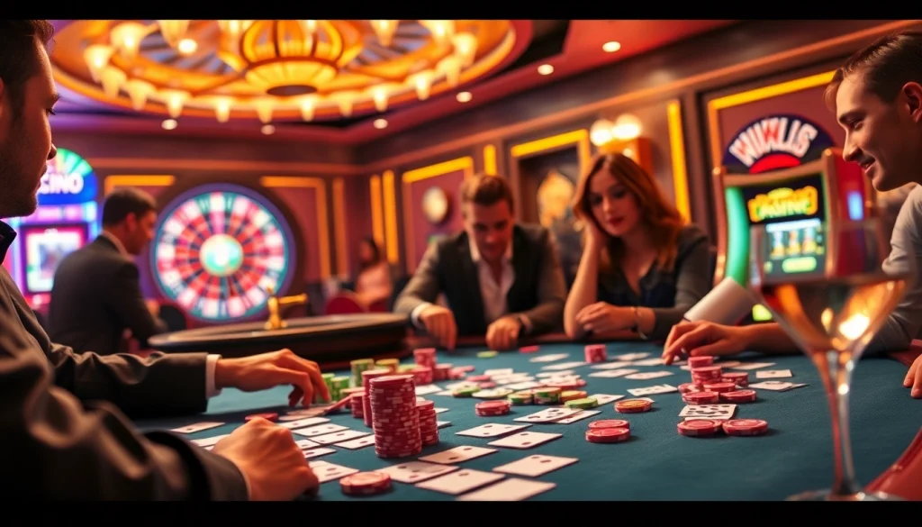 Excited players at a poker table in a luxurious casino, engaging with ww88 for thrilling gameplay.