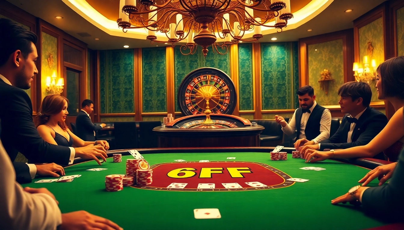 Engage with the exciting atmosphere at 6FF's vibrant casino, featuring an elegant poker table and stylish players.