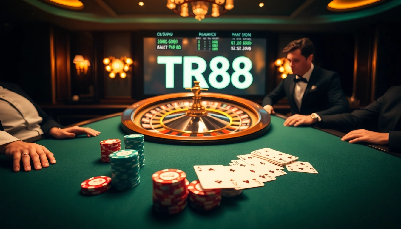 Players strategizing their next move at a poker table, highlighting the excitement of gambling with TR88.