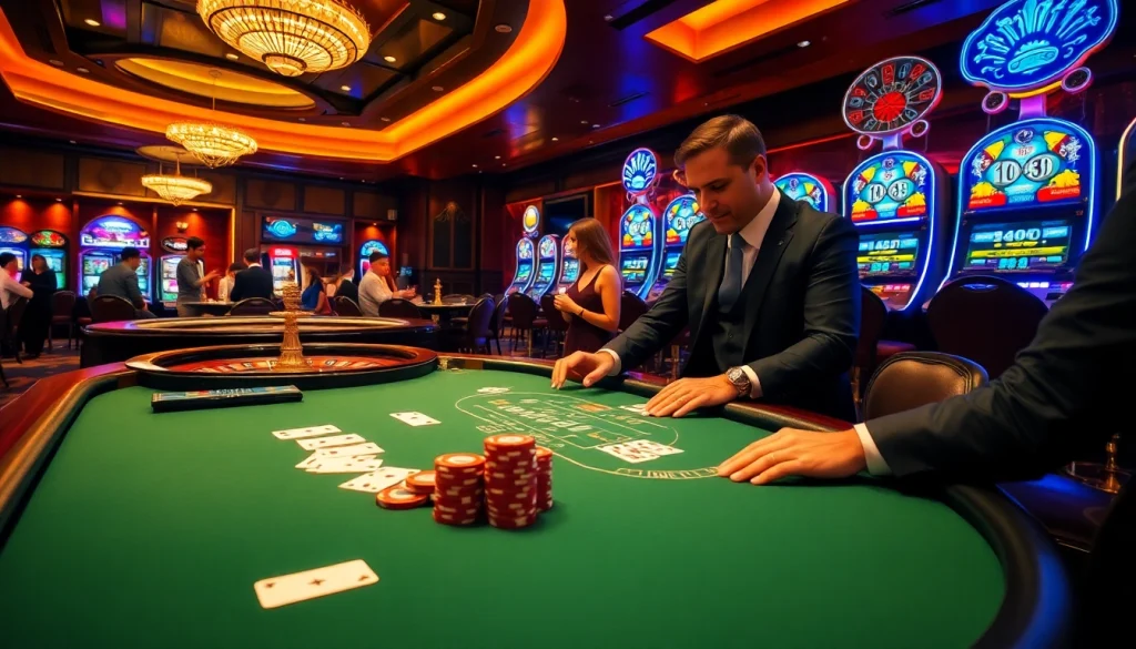 Người chơi đang thưởng thức một trò chơi đầy hứng khởi tại casino LUCK8, nổi bật với đồng chip poker và bộ bài trong bầu không khí sống động.