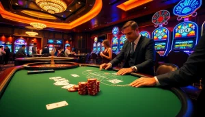 Người chơi đang thưởng thức một trò chơi đầy hứng khởi tại casino LUCK8, nổi bật với đồng chip poker và bộ bài trong bầu không khí sống động.
