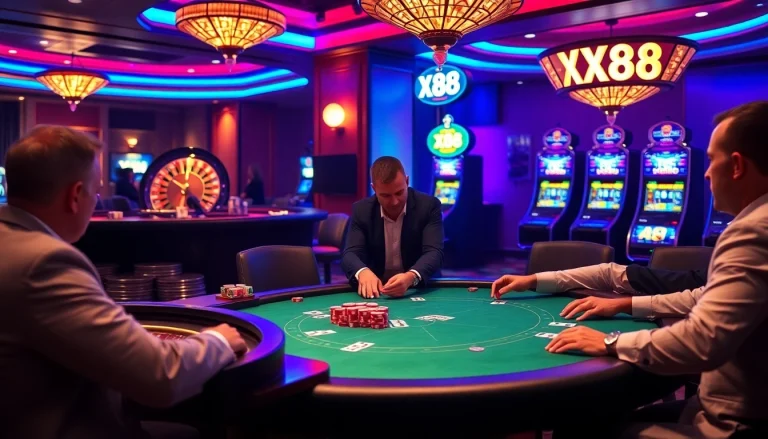 Experience the thrill of X88 with an elegant casino poker scene featuring vibrant tables and intense gameplay.