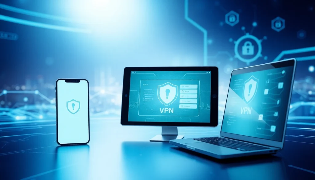 QuickQ官网在多种设备上展示了高科技VPN界面，强调安全与创新。