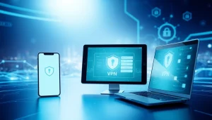 QuickQ官网在多种设备上展示了高科技VPN界面，强调安全与创新。