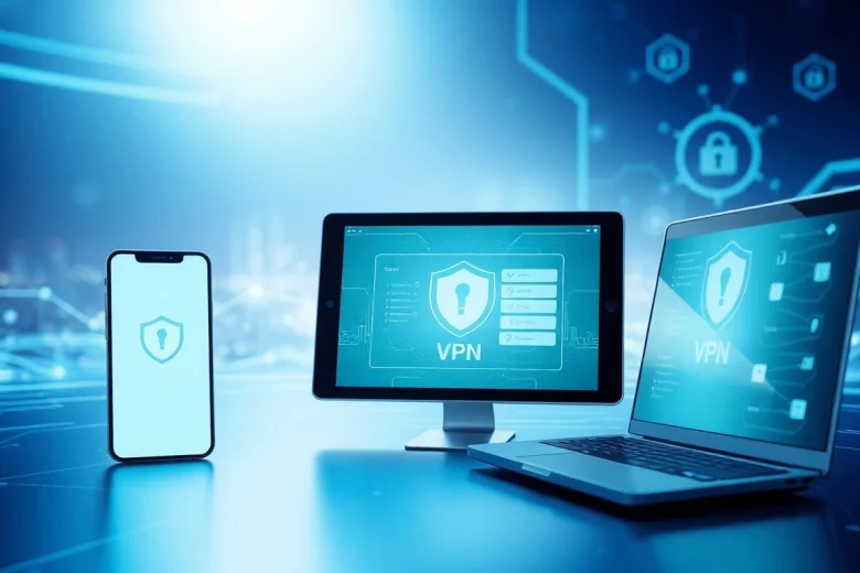 QuickQ官网在多种设备上展示了高科技VPN界面，强调安全与创新。