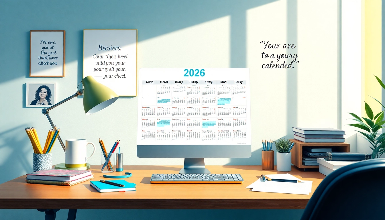 Printable calendar 2026 displayed in a modern home office setup, promoting organization and productivity.