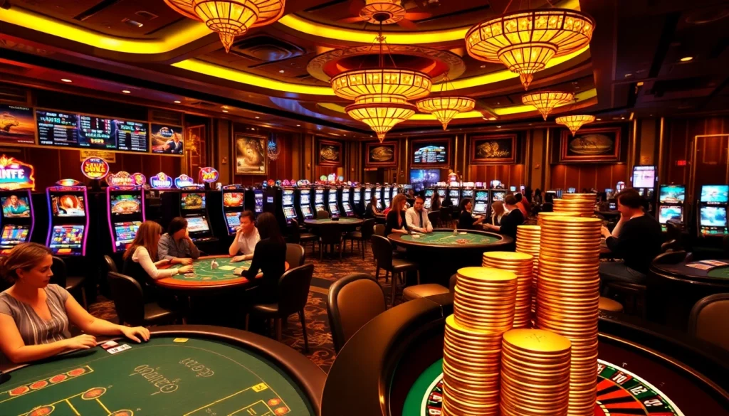 Experience the excitement of online gambling at https://kkwin.life/ with vibrant casino visuals depicting poker tables and slot machines.