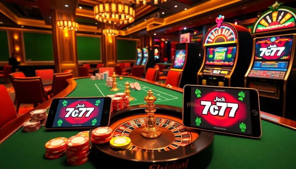 Experience thrilling casino gameplay with the 7c77 app featuring vibrant poker chips and dynamic slot machines.