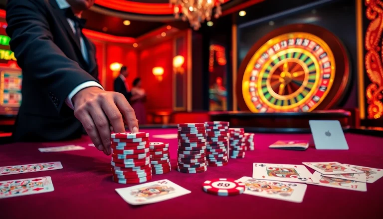 Players engage in thrilling poker game with 88i-themed chips at a luxurious casino table.