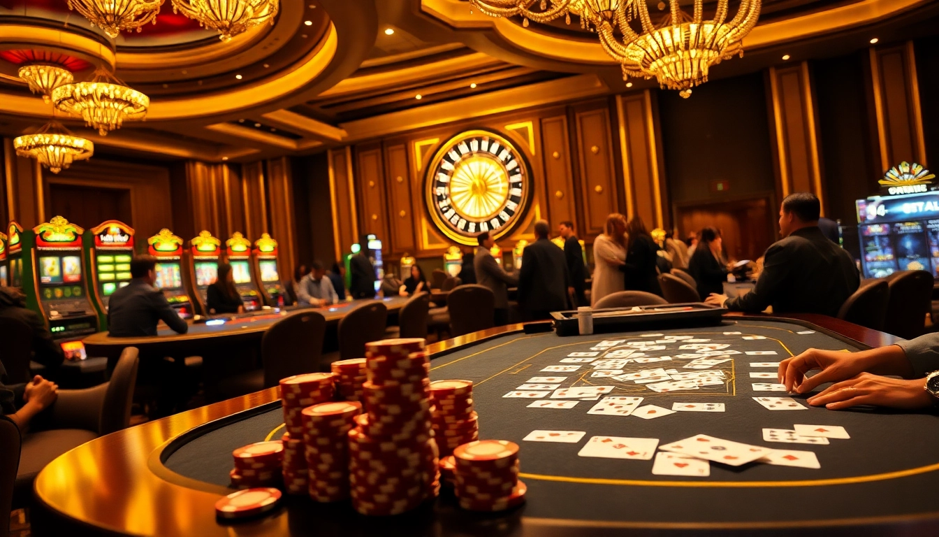Players enjoying exciting games at OKKING casino, showcasing a vibrant atmosphere with poker chips and slot machines.