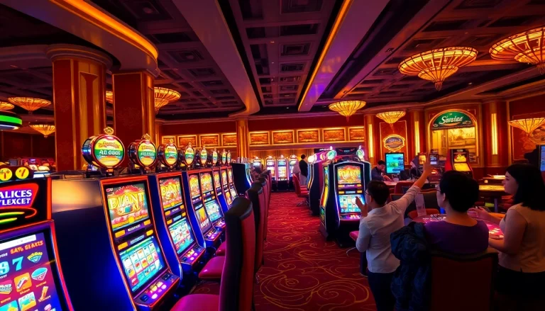 Engage with slot online apiraja88 in an upscale casino atmosphere featuring excited players and colorful machines.