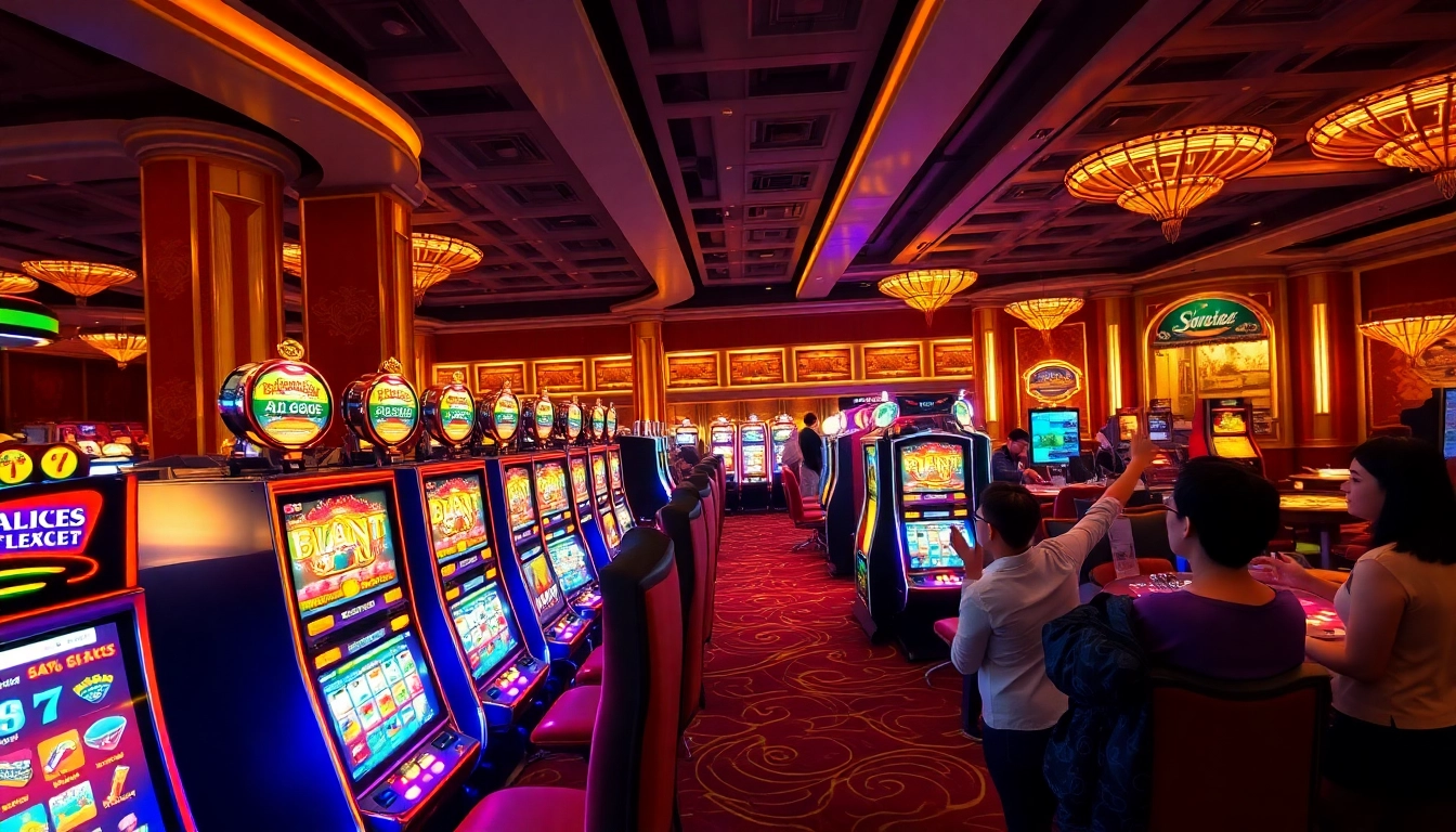 Engage with slot online apiraja88 in an upscale casino atmosphere featuring excited players and colorful machines.