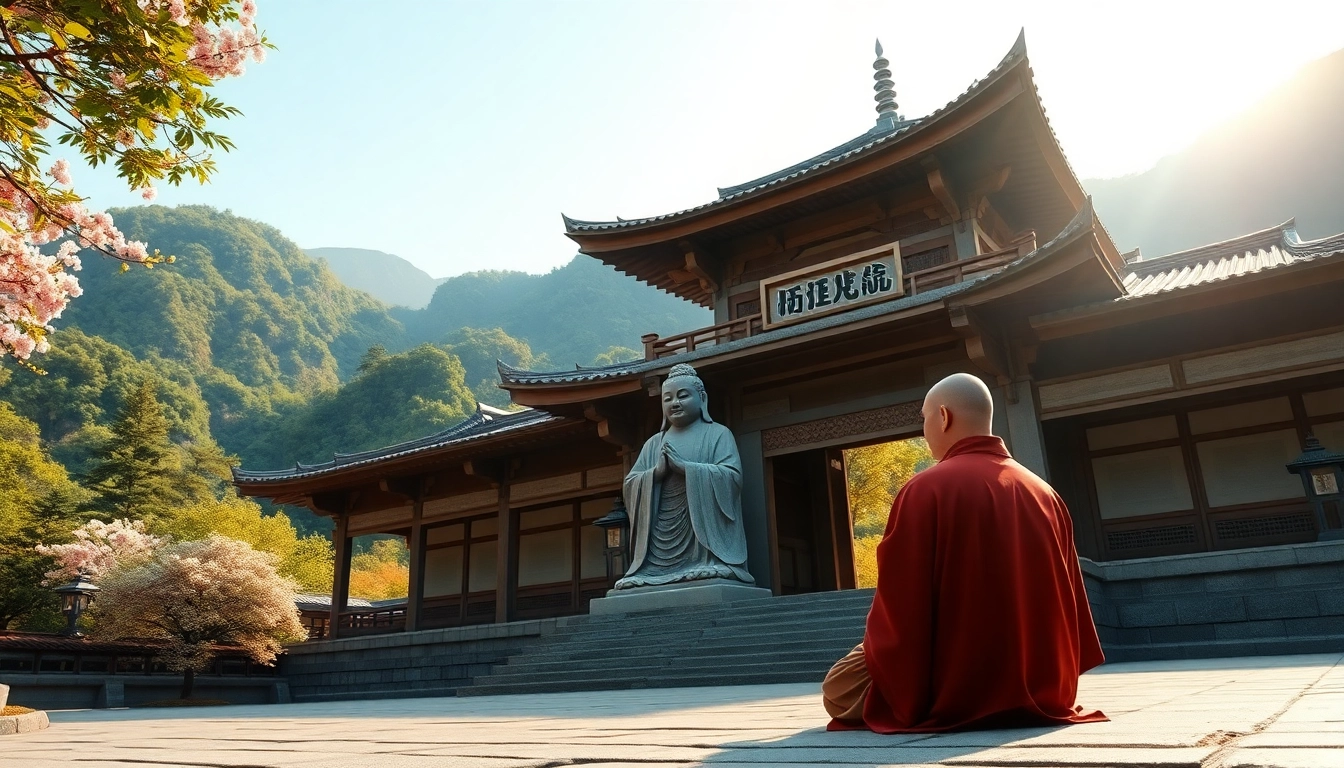 古代の寺院で即身仏像の前に座って瞑想する僧侶の風景