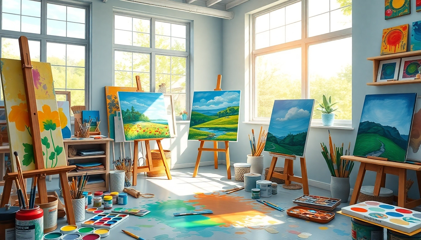 Painting in a lively artist's studio with colorful supplies and natural light.
