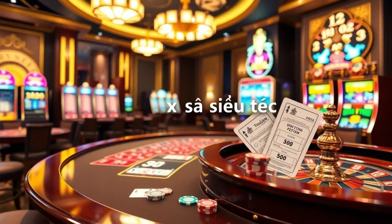 Gambling action with Tool xổ số siêu tốc displayed on a digital platform surrounded by casino elements.