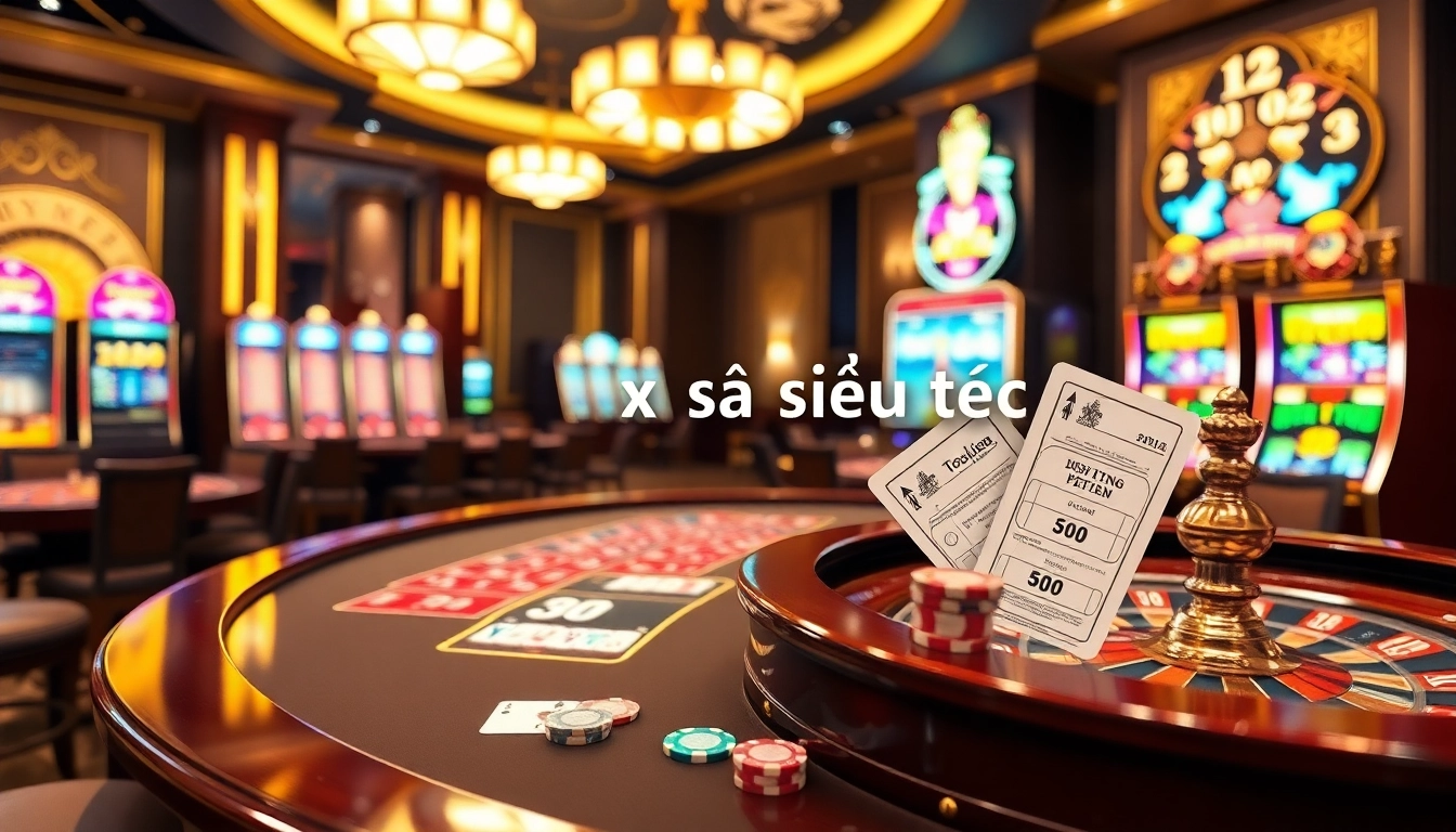 Gambling action with Tool xổ số siêu tốc displayed on a digital platform surrounded by casino elements.