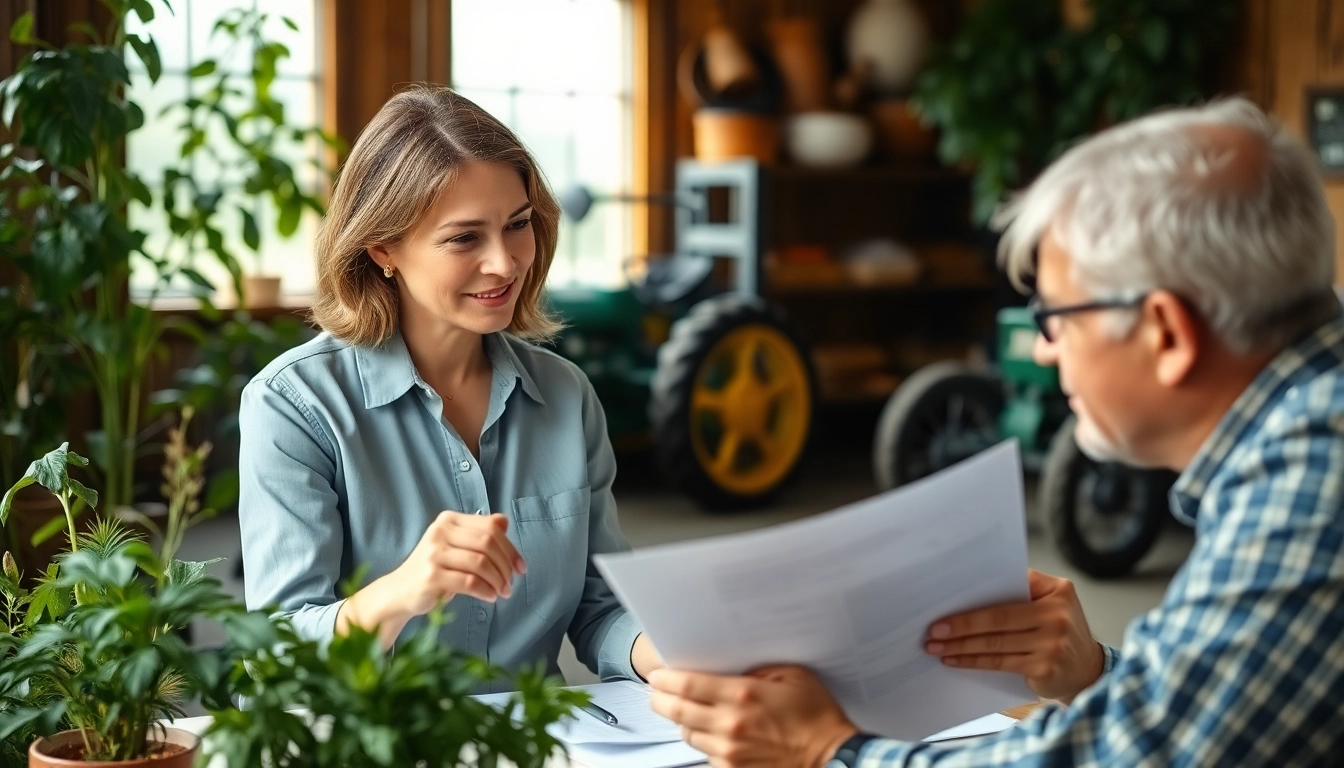 Agriculture law lawyer consulting in a serene rural office setting with natural light.