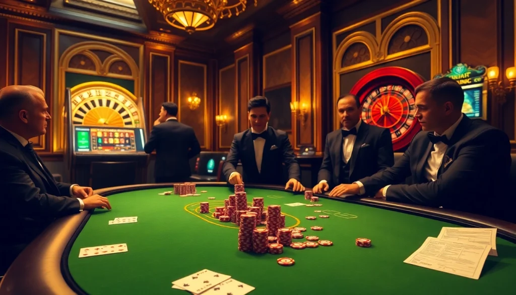 Players engage in a thrilling MMOO poker game at an elegant casino table surrounded by vibrant roulette and slot machines.