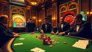 Players engage in a thrilling MMOO poker game at an elegant casino table surrounded by vibrant roulette and slot machines.
