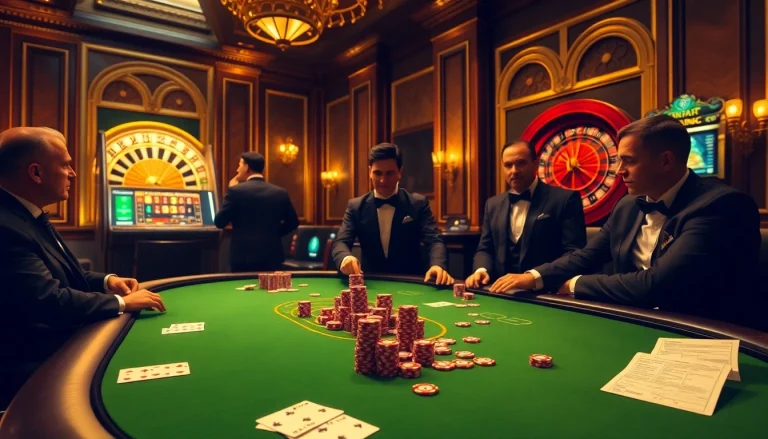 Players engage in a thrilling MMOO poker game at an elegant casino table surrounded by vibrant roulette and slot machines.