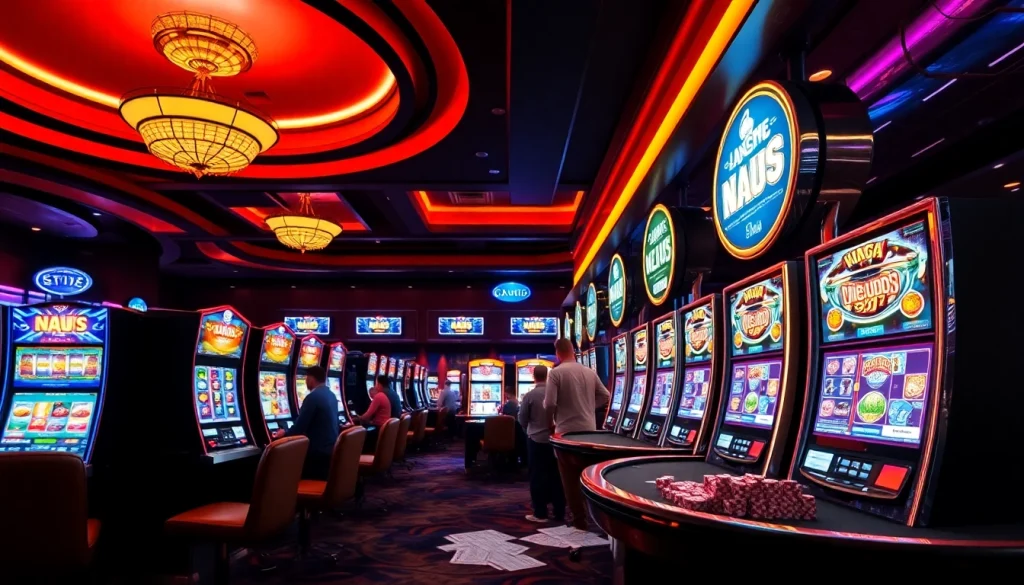 Players enjoying the excitement of NAGA169 slot machines in a vibrant casino setting.