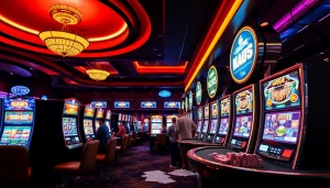 Players enjoying the excitement of NAGA169 slot machines in a vibrant casino setting.