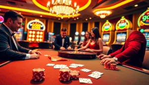 Engaged players enjoy a thrilling game at the luxurious go88 casino table with poker chips and slot machines.