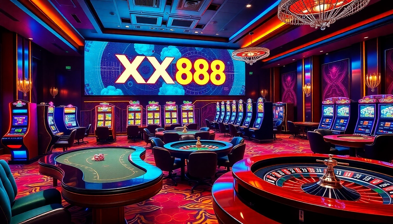 Experience the excitement of gambling at XX88 with luxurious casino visuals and iconic gaming elements.