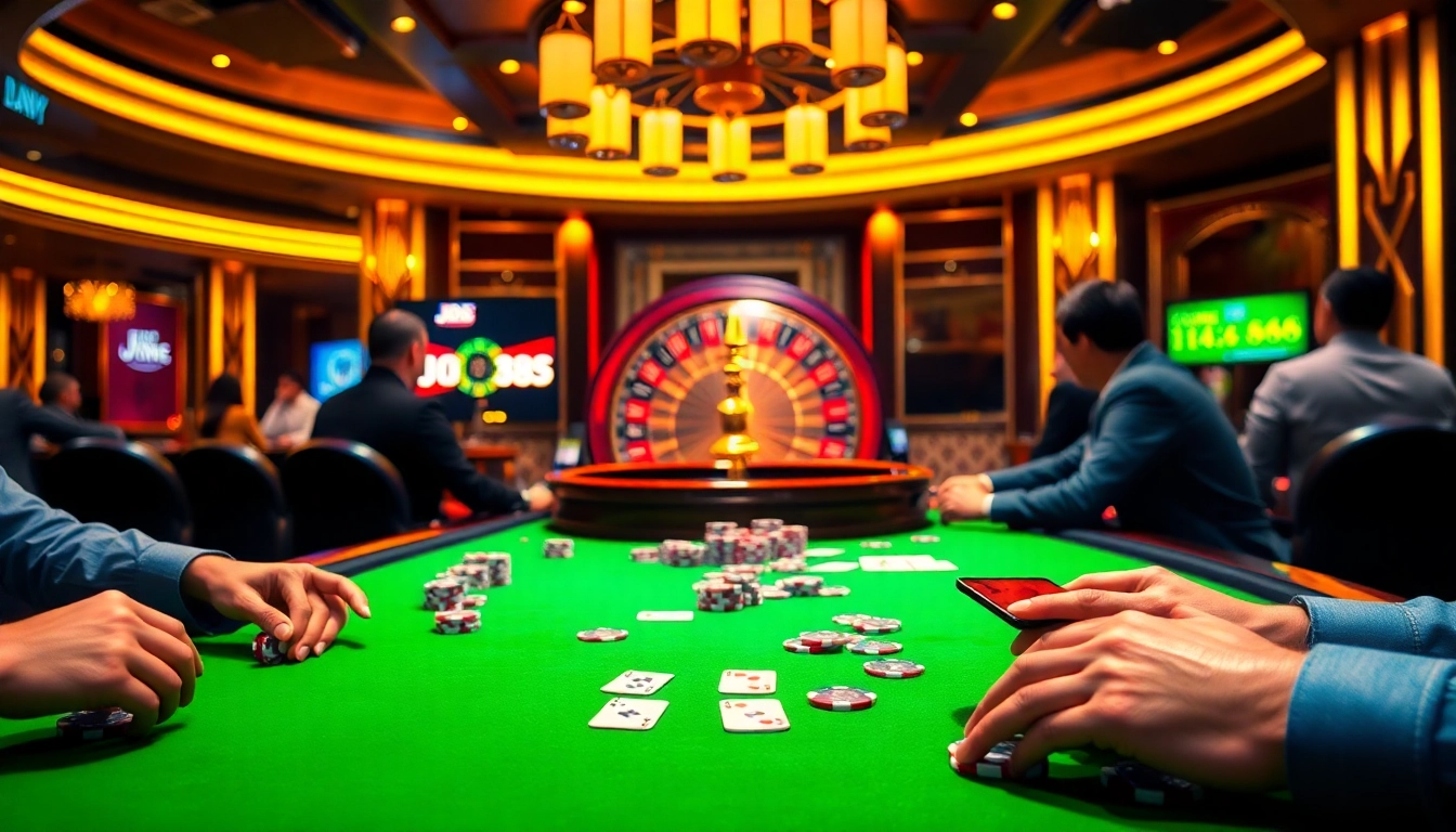Trải nghiệm cảm giác hồi hộp của JD88 poker tại một casino sang trọng với lối chơi động và không khí sôi động.