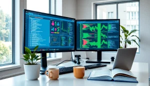 Software engineering workspace with coding screens and data visualizations.