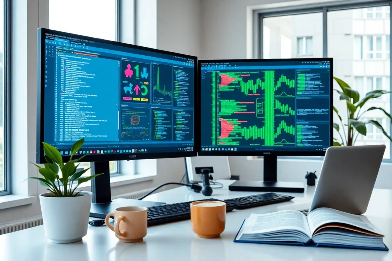 Software engineering workspace with coding screens and data visualizations.