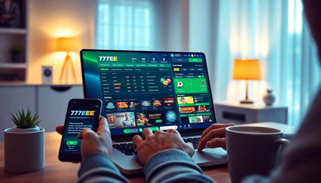 77EE online betting platform displayed on a laptop with vibrant games and sports betting options