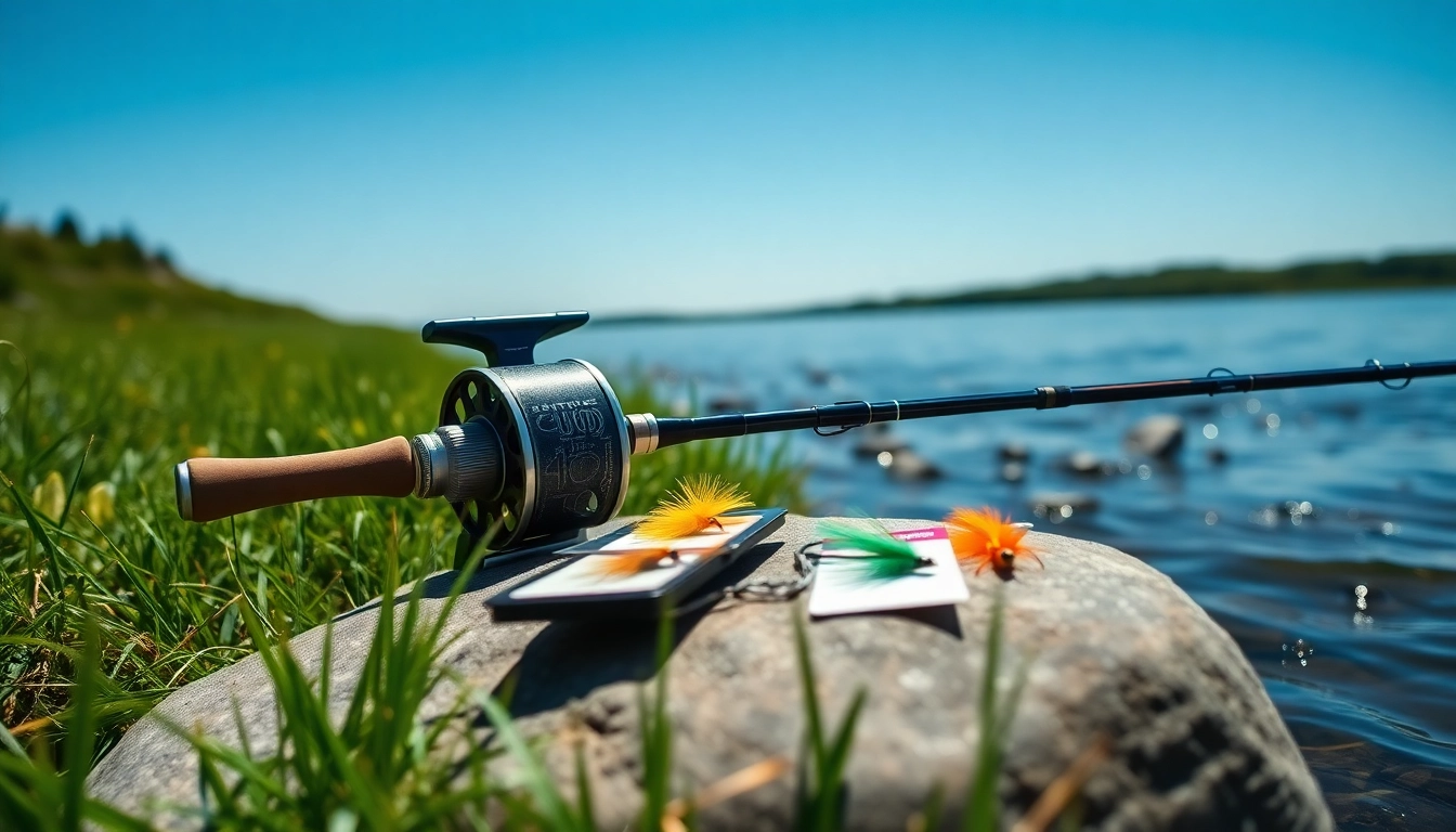 Attractive fly fishing kit organized on the riverbank, showcasing vibrant fishing flies and gear.