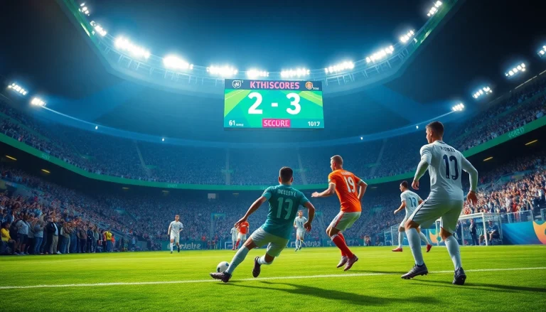 Soccer action showcasing ผลบอลสด ภาษาไทย thscore on a vibrant scoreboard during an intense match.