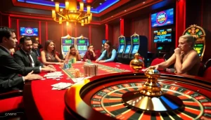 Scène captivante présentant le Meilleur Casino Crypto avec une action de poker dynamique et des affichages numériques.