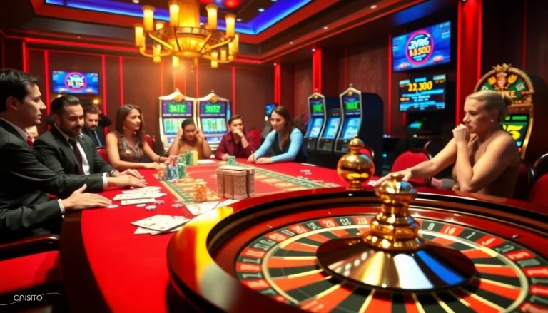 Scène captivante présentant le Meilleur Casino Crypto avec une action de poker dynamique et des affichages numériques.