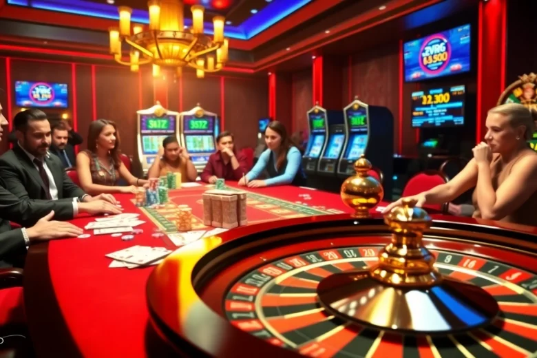 Scène captivante présentant le Meilleur Casino Crypto avec une action de poker dynamique et des affichages numériques.