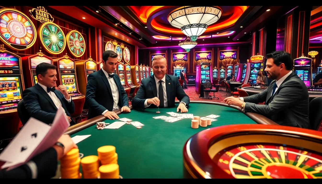 Engaging poker players at 32wincasino.com surrounded by vibrant casino decor.