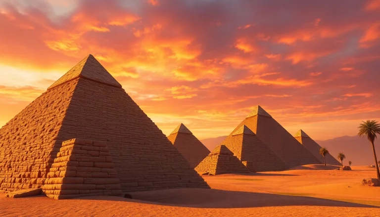 Piraminds illuminated at sunset, showcasing ancient structures and desert setting.