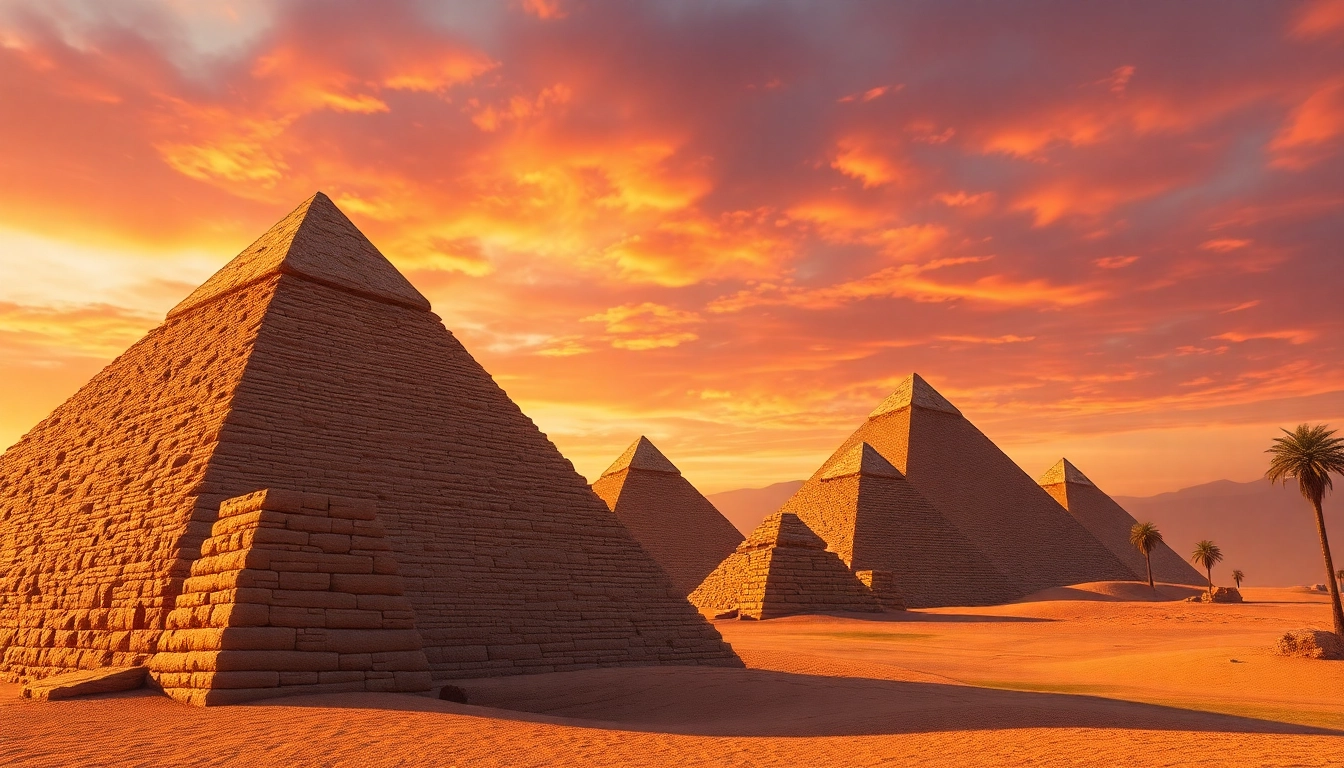 Piraminds illuminated at sunset, showcasing ancient structures and desert setting.