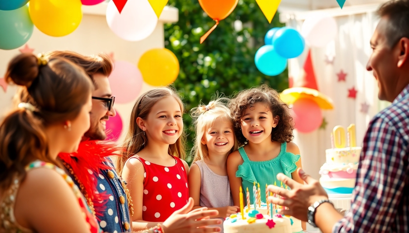 Kids interacting with enthusiastic Birthday party entertainers at a joyful celebration.