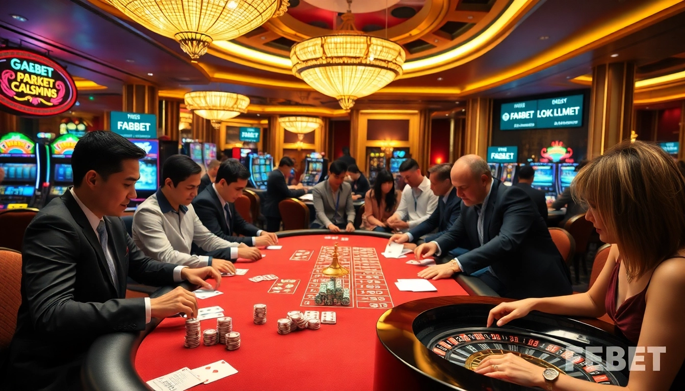 Engaged players strategizing with FEBET betting slips at a vibrant casino table.