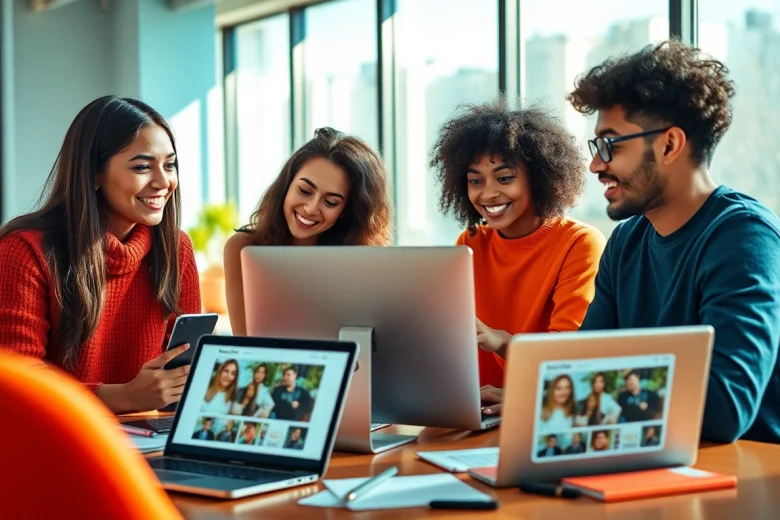 Vibrant workspace illustrating image search OnlyFans project collaboration among young adults.