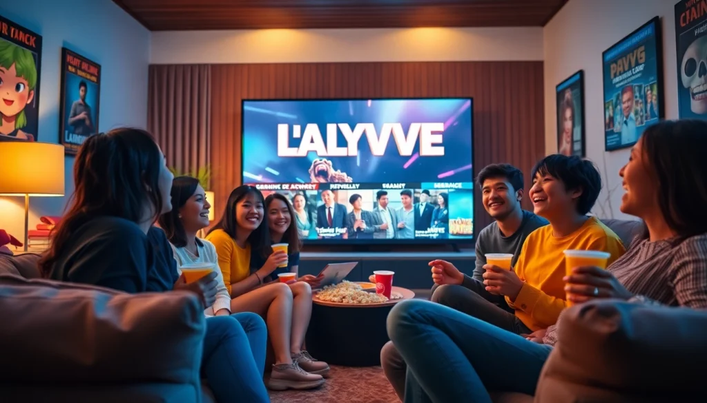 Diverse group enjoying a movie night at home, embracing the layarkaca21 streaming experience with laughter and joy.