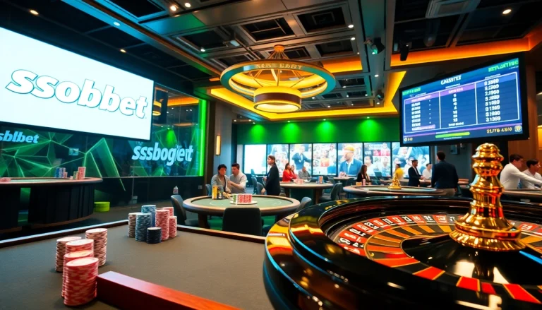 SboBet logo featured in a premier online casino setting with poker chips and a roulette wheel.