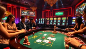Players enjoying a thrilling rr88 kjc gaming experience at a luxurious casino table.